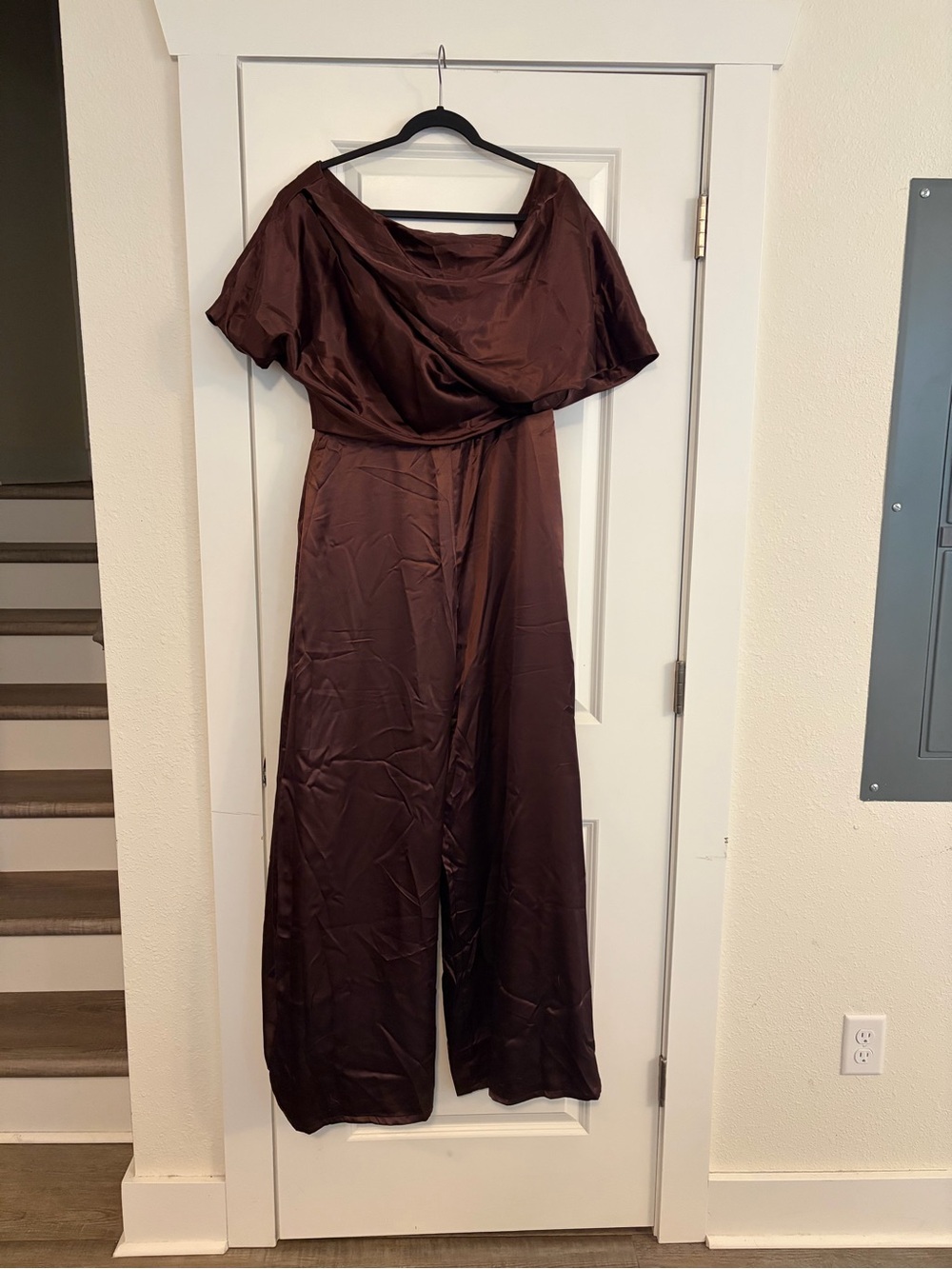 Satin Wide-Leg Jumpsuit in Chocolate Brown